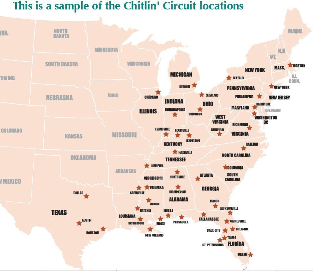 A map of Chitlin’ Circuit venue locations. Medium.